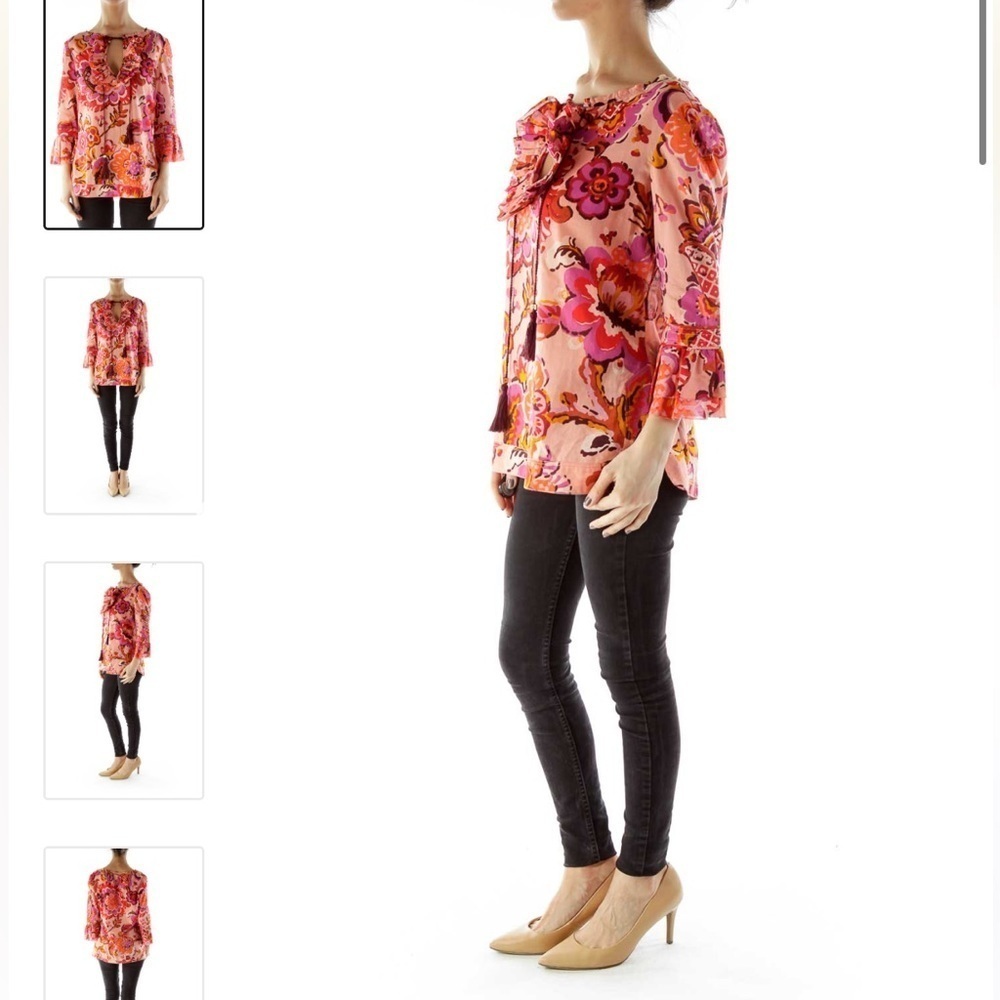 Tory Burch Pink Floral Tassel Tie Boho Blouse Top Size 4 Silk Cotton Blend - Picture 4 of 15